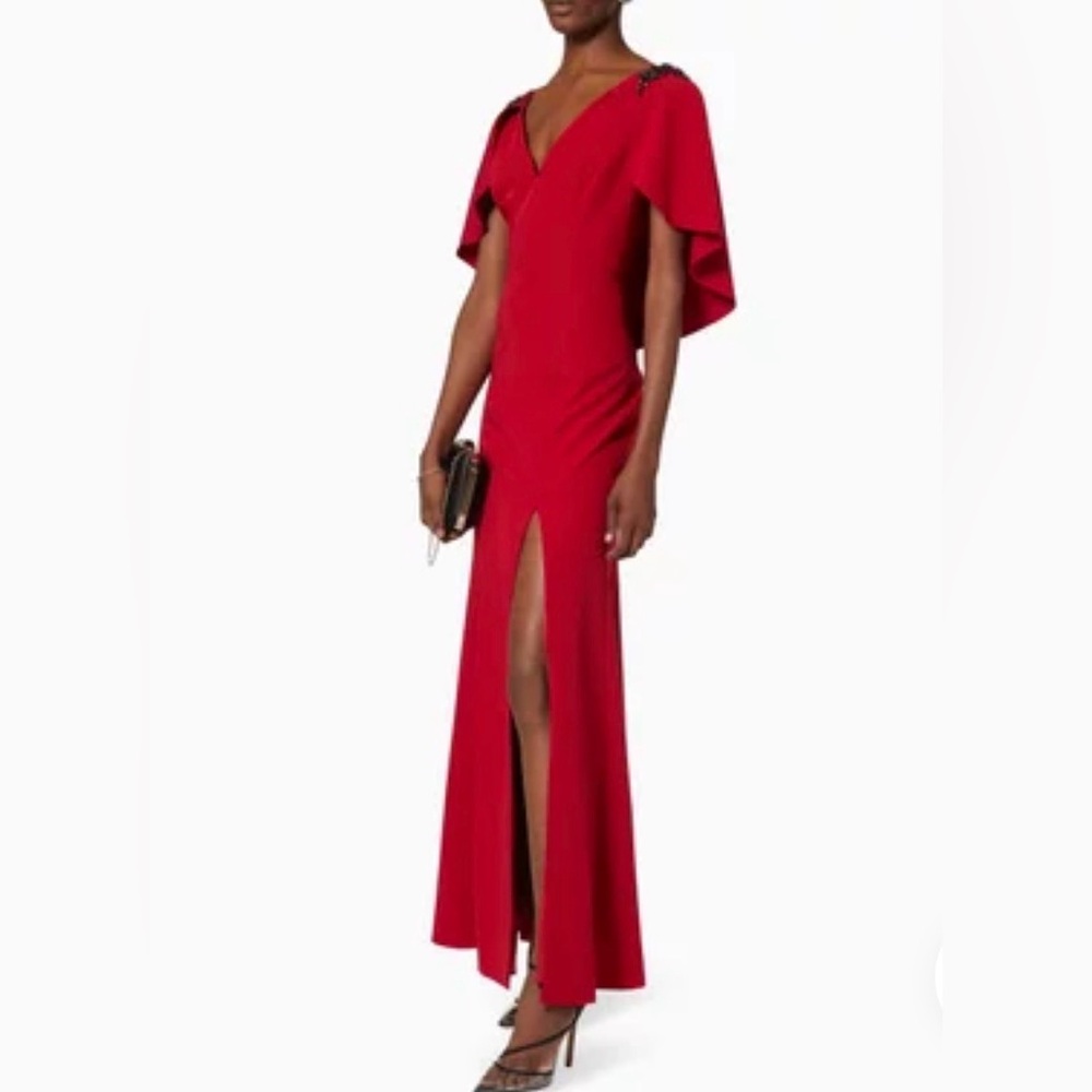 Marchesa Notte Red Embellished Cape Gown Maxi with Cape Sleeves. Size 2